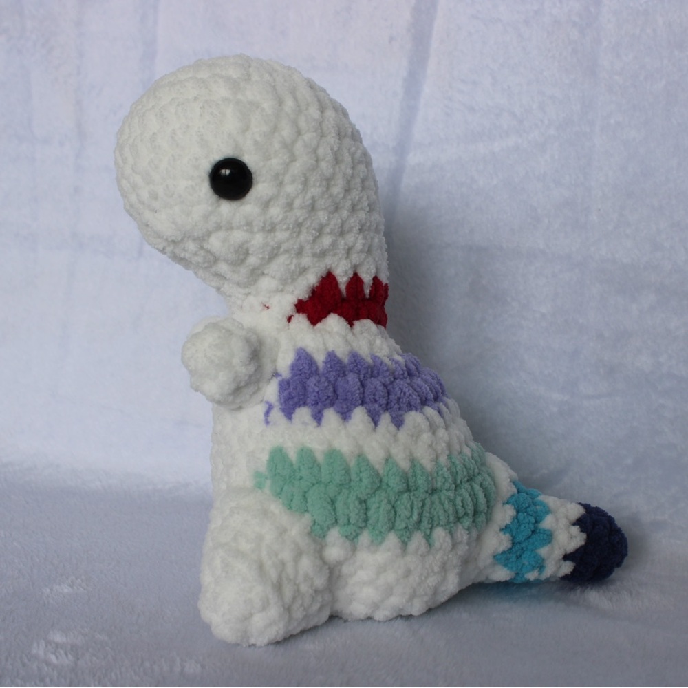 Handmade White with Multi-Colored Stripes Crochet Large Dinosaur